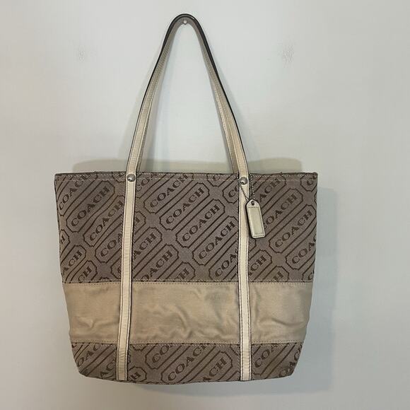 Coach Signature Lozenge Tote Bag F12252 Brown Cream Leather Trim Logo FLAW - Picture 1 of 10